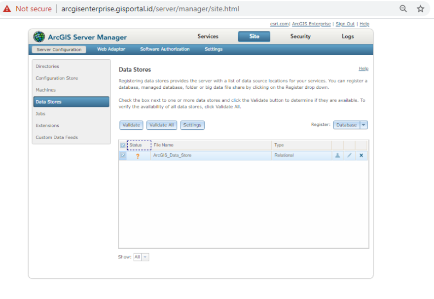 11 untuk validasi masuk server manager pilih site kemudian data store,klik pada kolom arcgis data store yg sudah di config lalau klik validate