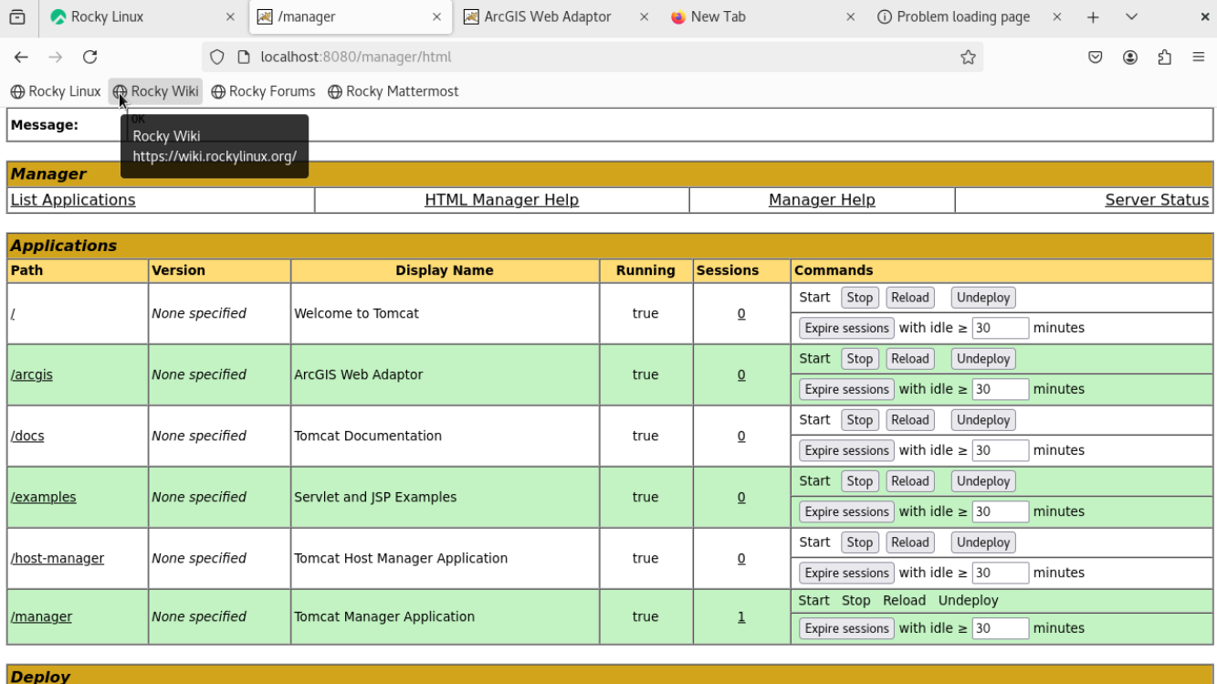 jika berhasuil tampilan webserver tomcat manager akan ada arcgis