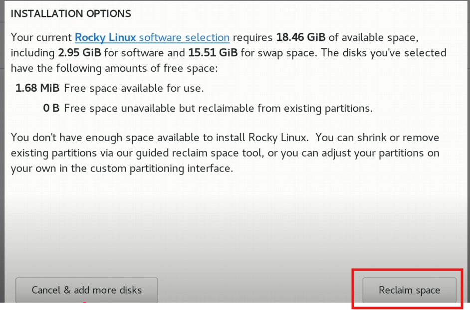 reclaim space pada drive yang akan kita gunakan untuk menyimapan rocky,proses ini akna menghapus semua data pad drive