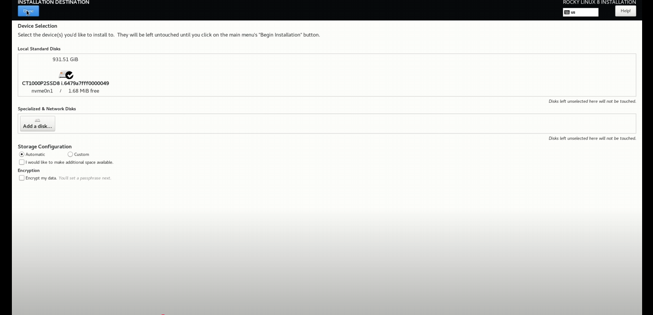 pilih drive yang akan digunakn unutk manginstall rocky
