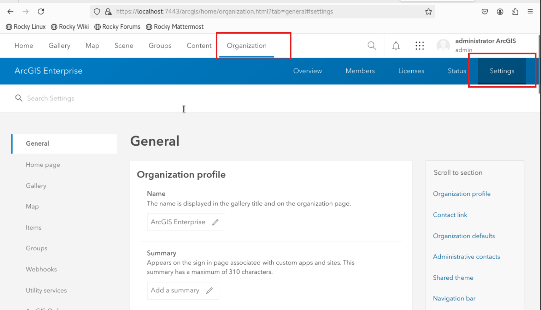 1.login pada arcgis enterprise pilih organization lalu pilih setting