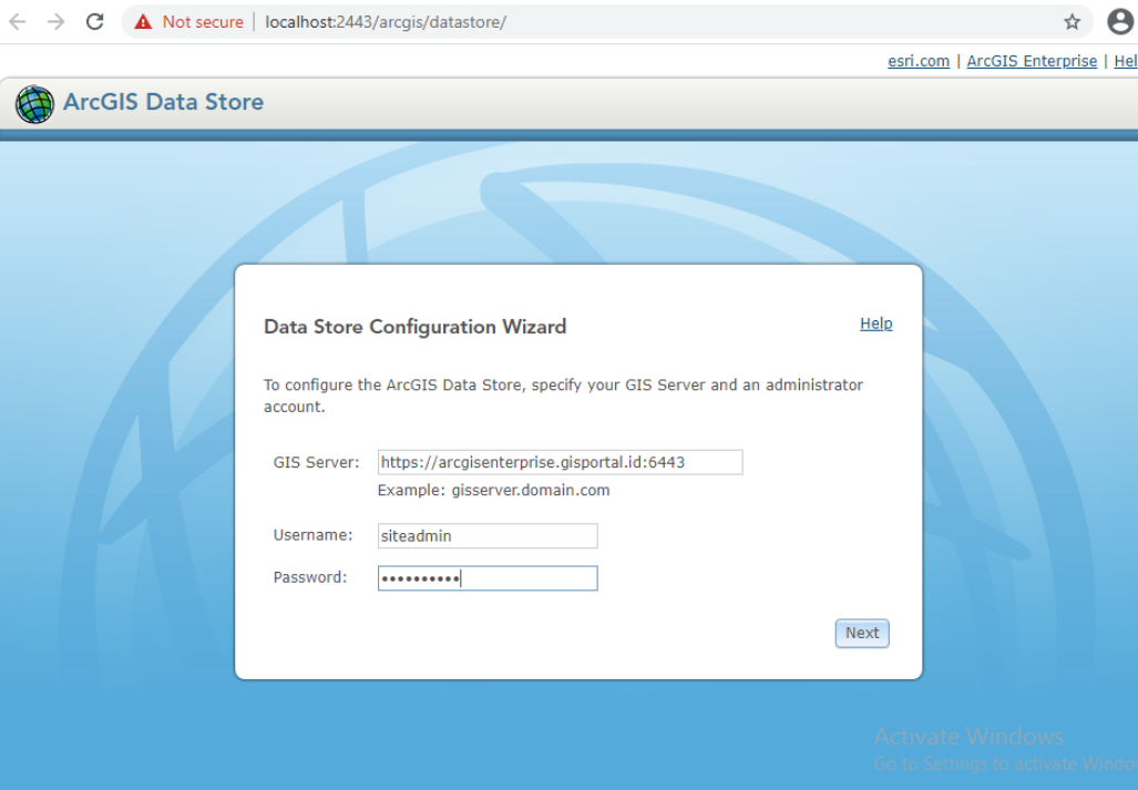 6 setelah proses instalasi selesai kita akan lansung diarakan ke url arcgis data store uutk config via web browsser