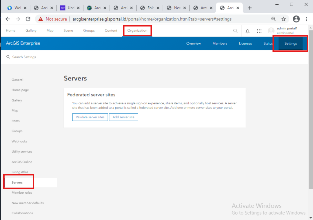 2 setelah masuk ke portal home,pilih organization kemudian settings lalu server.pada tampilan menu server pilih add a server site