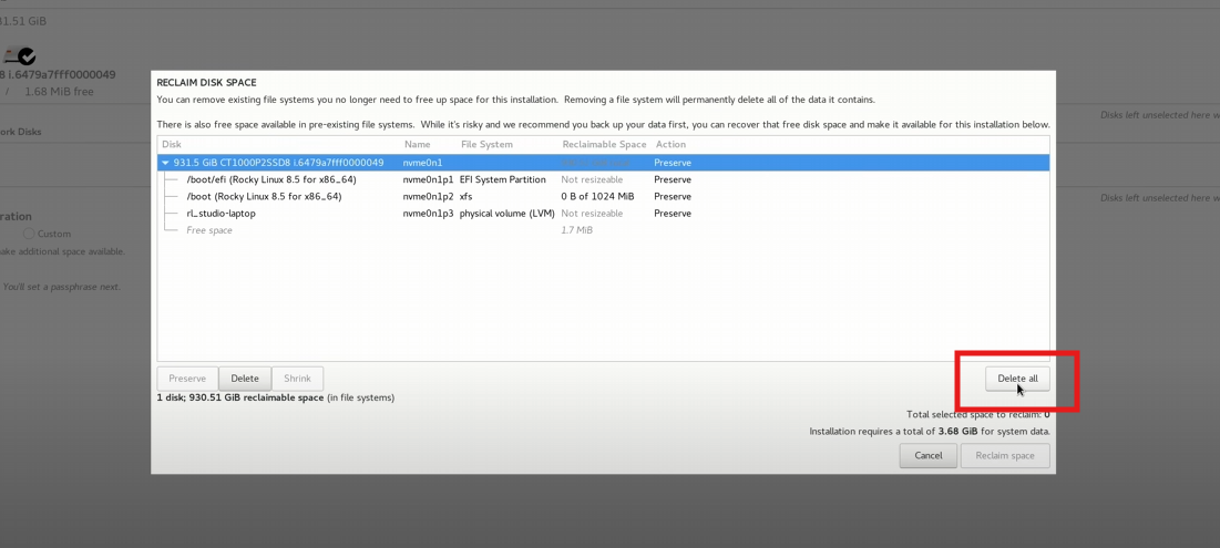 klik delete all,untuk memberikan ruang pada file installation