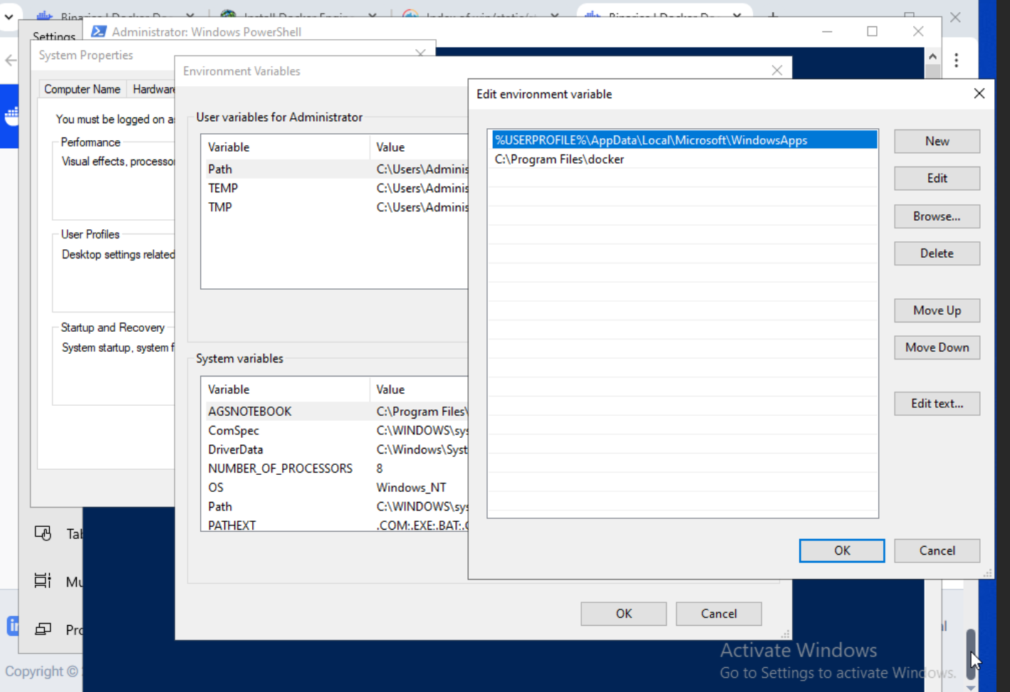jika saat cek docker versin muncul error,masuk ke system properties-enviromnets variable-edit path dan tambahkan path ke file docker