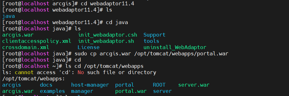 masuk ke webapadtor copy dan rename arcgis.war menjadi portal.war,setelah itu masuk ke direktori webapps kemudian pastikan bahwa portal.war sudah ada