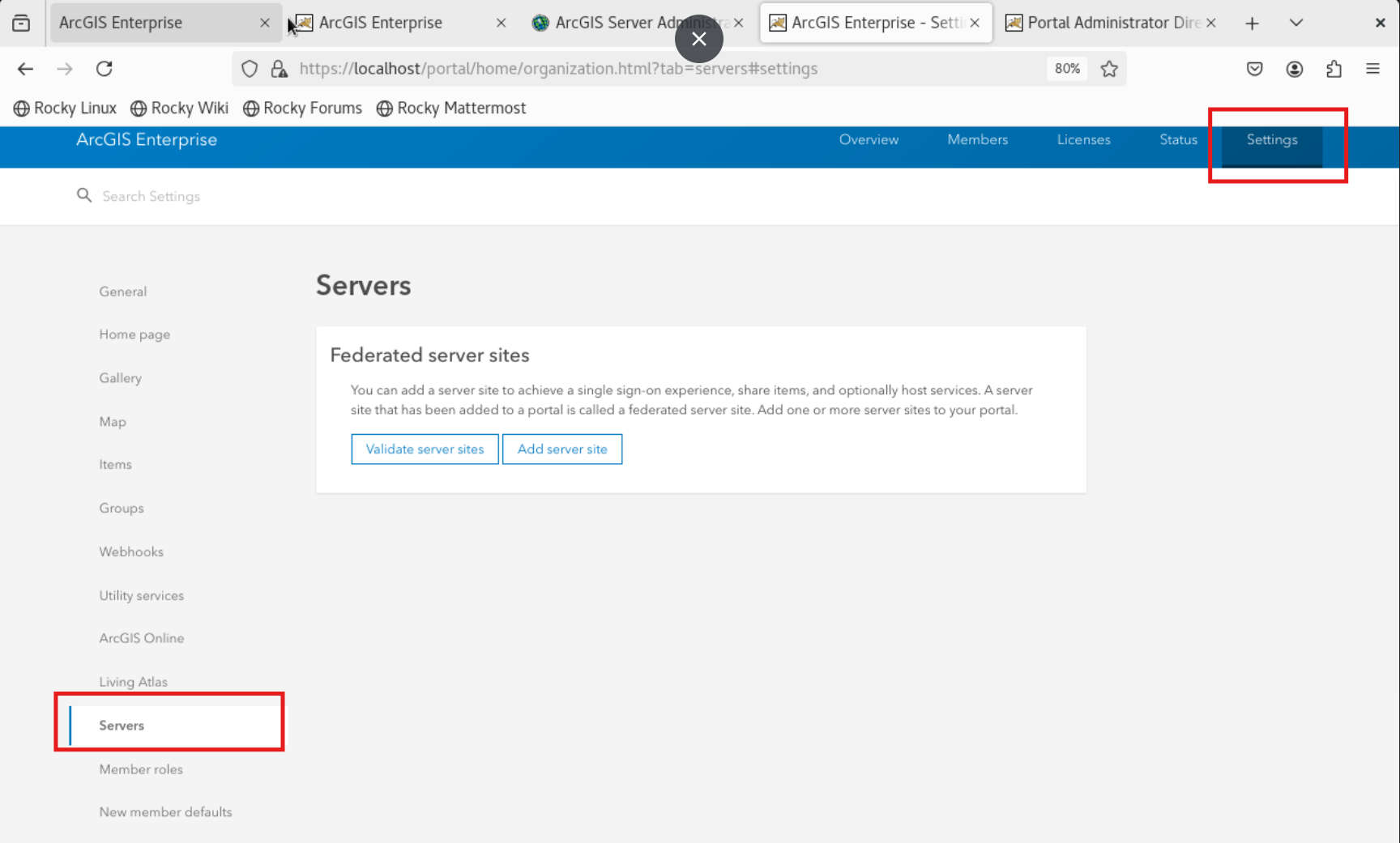unutk melakukan federated masuk organization pilih settings lalu server,kemudian pilih add server site